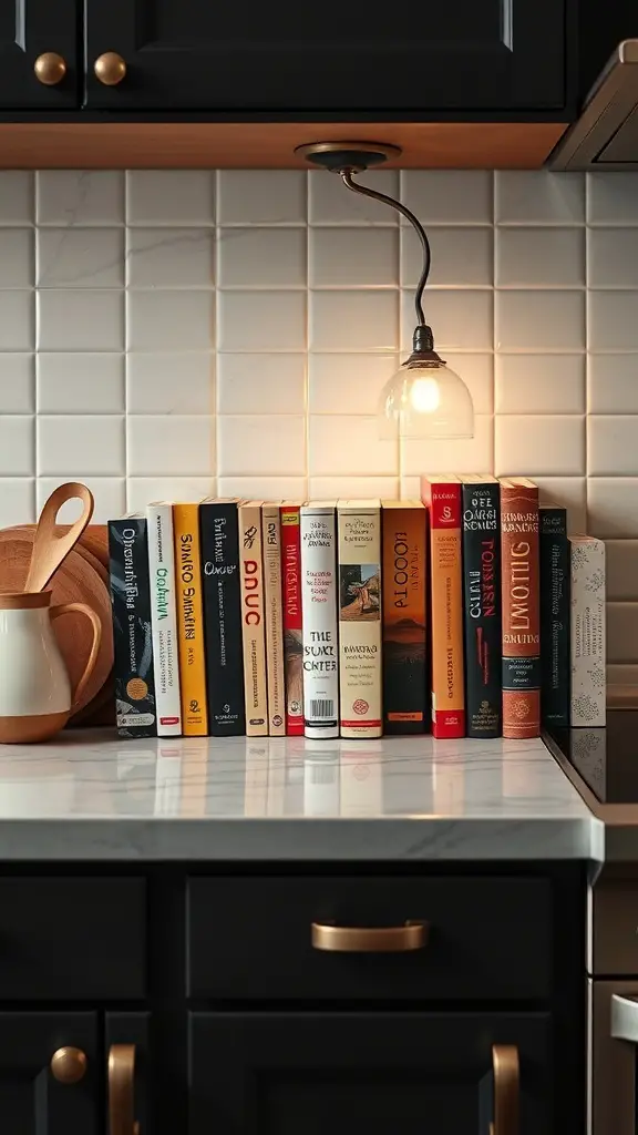 A stylish display of cookbooks on a kitchen countertop with a light fixture above.