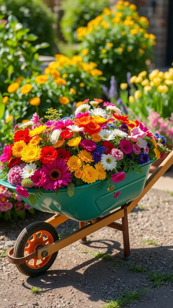 29+ Creative Wheelbarrow Garden Ideas 4 A colorful wheelbarrow filled with various flowers in a garden setting.