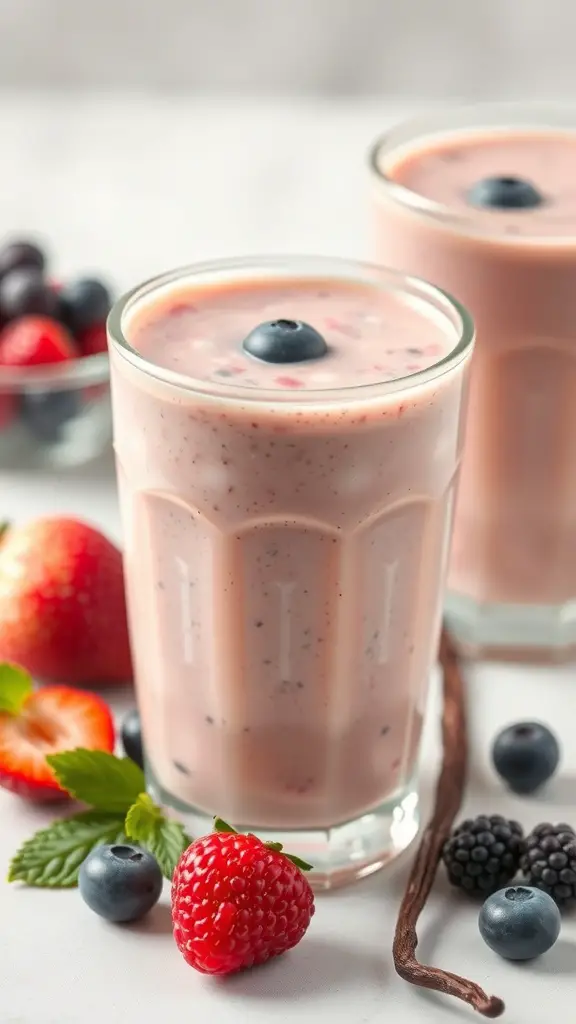 Two glasses of Vanilla Bean and Berry Smoothie with fresh berries and a vanilla bean pod