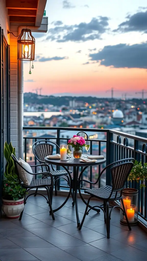 Cozy outdoor dining setup on a balcony with a table, chairs, flowers, and candles.
