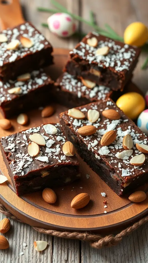 45+ Delightful Easter Desserts You Must Try This Year 16 Delicious Almond Joy Brownies topped with almonds and coconut flakes, surrounded by colorful Easter eggs.
