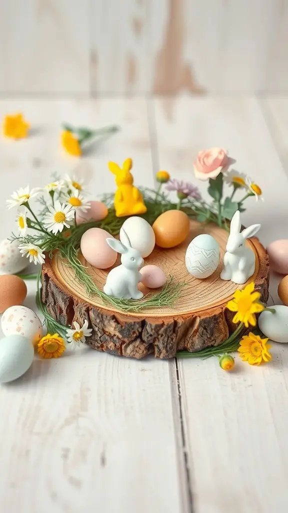 Easter centerpiece featuring a wood slice with pastel eggs, bunny figurines, and flowers.