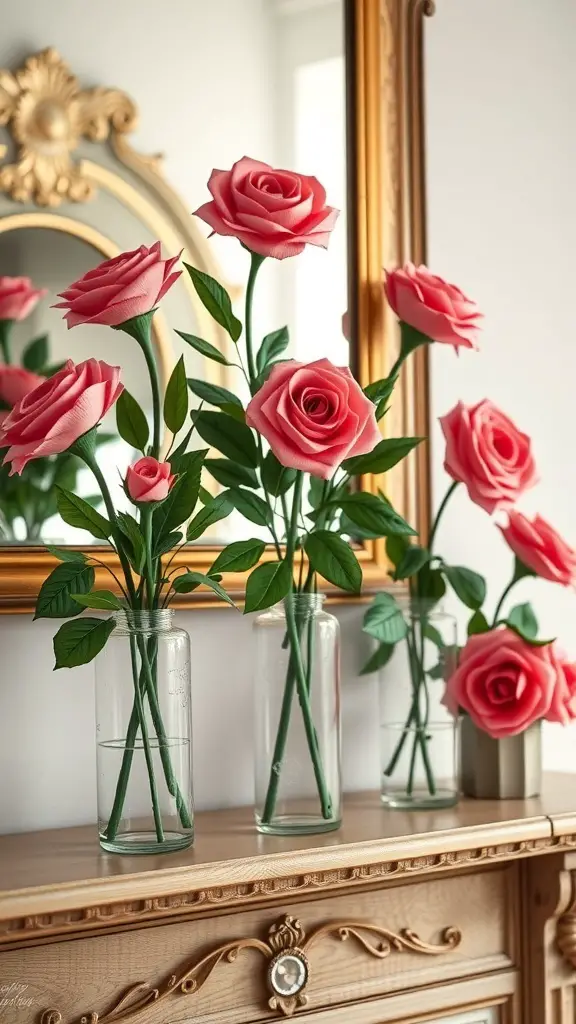 A display of pink paper roses in vintage glass vases on a wooden surface, with a mirror in the background.