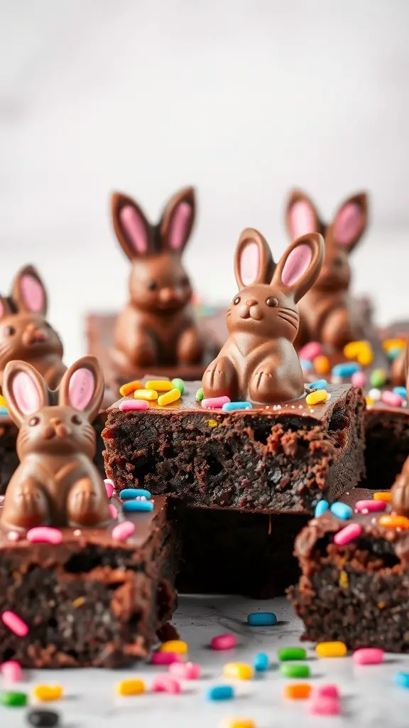 Delicious chocolate brownies topped with chocolate bunny candies and colorful sprinkles.