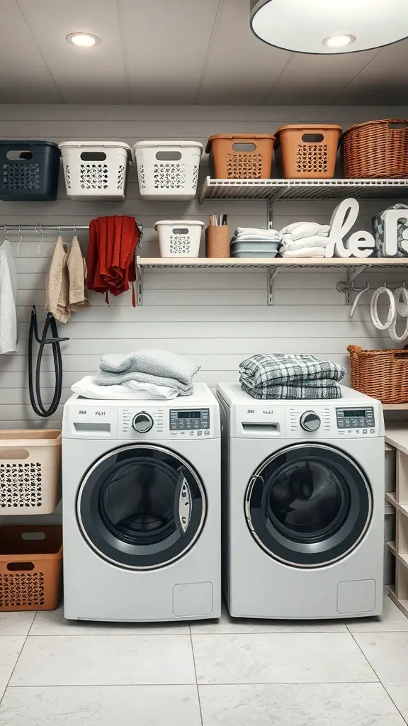 29+ Creative Bin Organization Ideas 16 Organized laundry room with bins and baskets on shelves