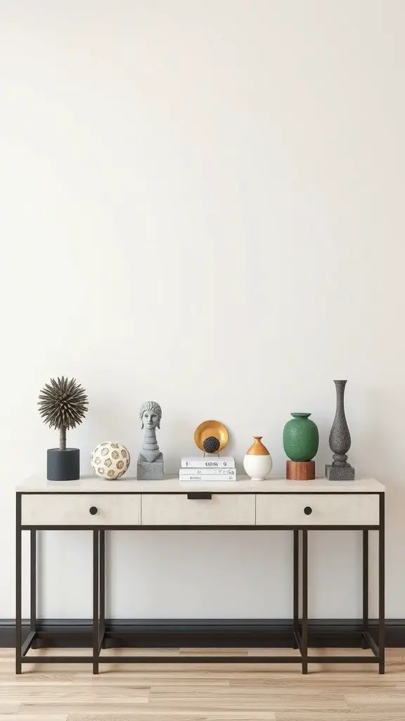 27+ Stunning Console Table Decor Ideas You Need to Try 3 A stylish console table featuring various sculptures and decorative items.