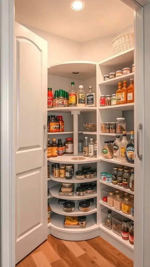 29+ Stylish Pantry Design Ideas to Elevate Your Storage Space 3 A corner pantry with a Lazy Susan, showcasing organized shelves filled with various jars and bottles.
