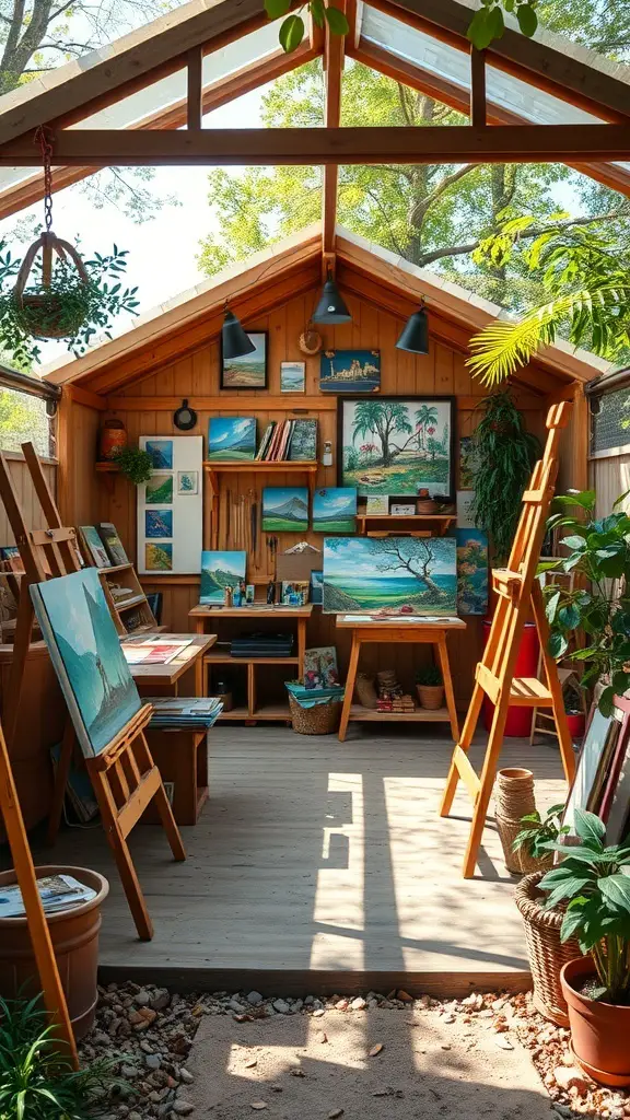 A cozy wooden studio shed filled with art supplies, paintings, and plants, designed for creative work.