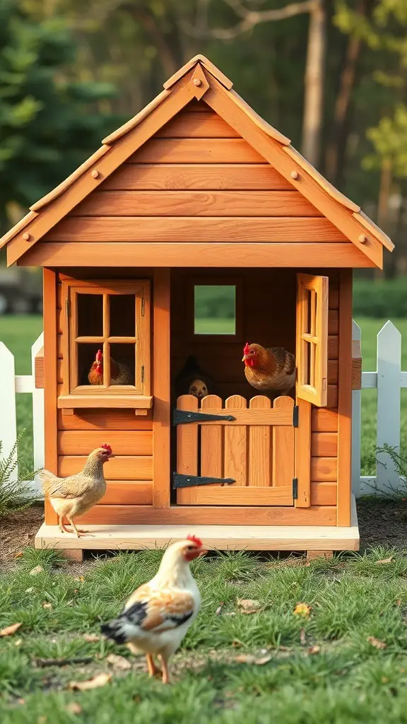 A wooden playhouse coop with chickens outside