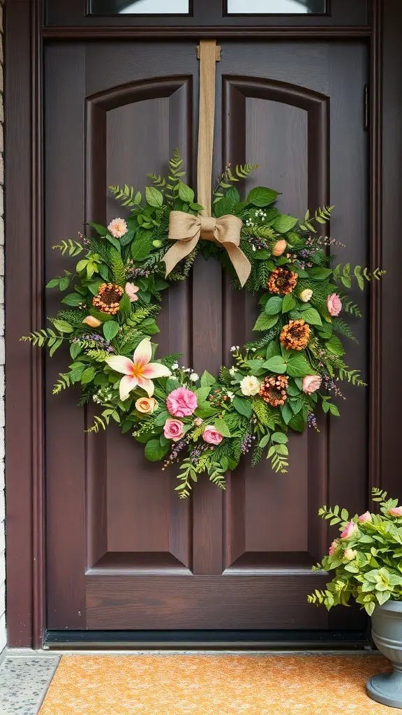 A rustic spring wreath made with seasonal greens and colorful flowers, hanging on a wooden door.