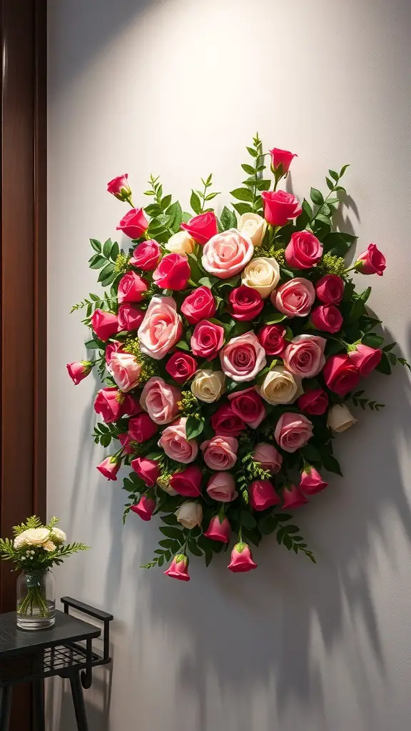 A vibrant arrangement of pink and cream roses on a wall, surrounded by greenery.