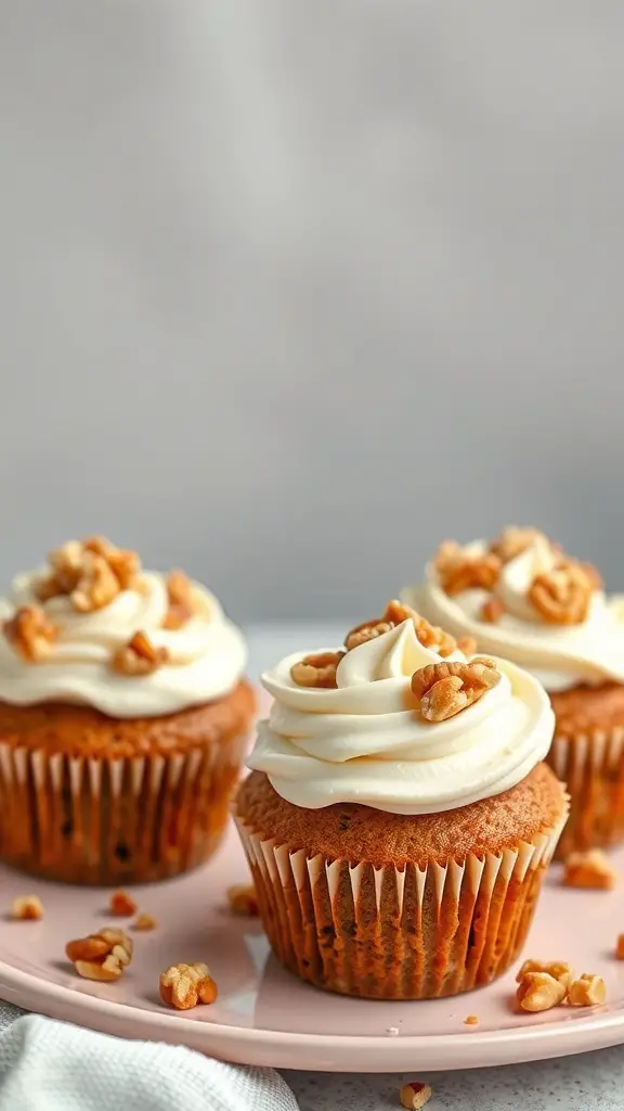 Delicious carrot cake muffins topped with cream cheese frosting and walnuts on a pink plate.