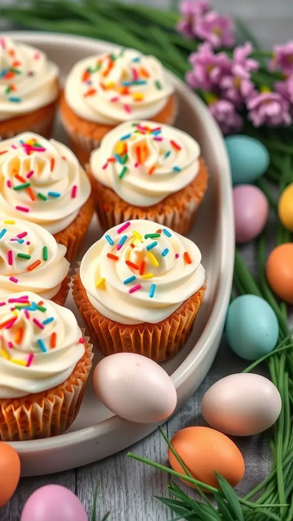 45+ Delightful Easter Desserts You Must Try This Year 4 Carrot cake cupcakes with cream cheese frosting, colorful sprinkles, and Easter decorations
