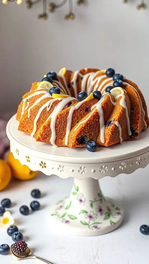 45+ Delightful Easter Desserts You Must Try This Year 11 A beautifully decorated Lemon Blueberry Bundt Cake on a cake stand, garnished with blueberries and lemon slices.