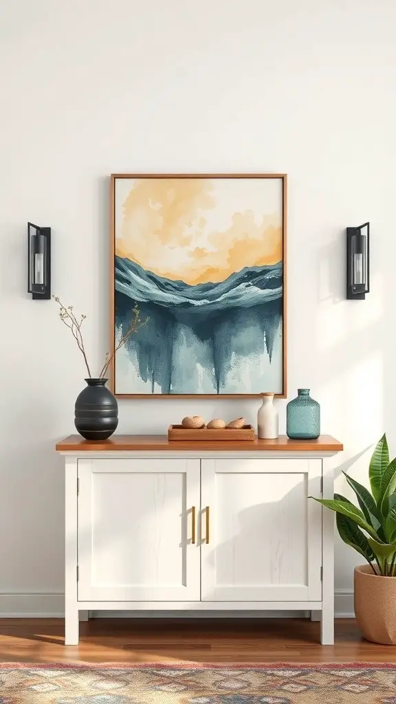A front entry table with a painting of waves, a black vase, a blue glass bottle, and a plant.