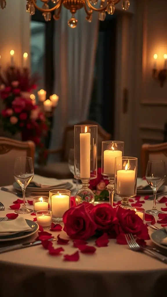 A romantic table setting with candles and rose petals for Valentine's Day.