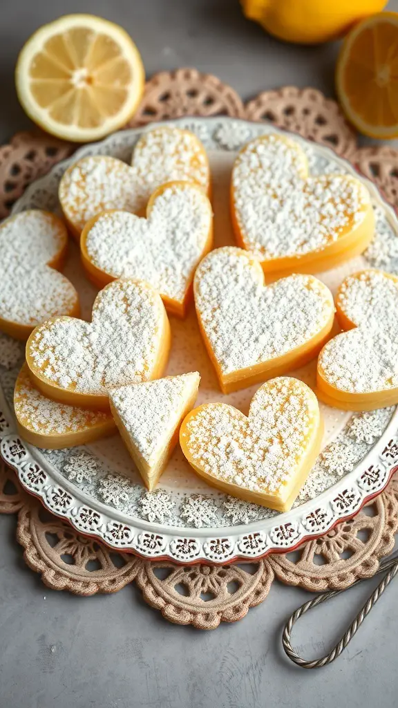A plate of heart-shaped lemon bars dusted with powdered sugar, surrounded by fresh lemons.