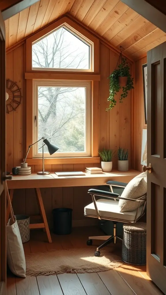 Cozy compact home office with wooden decor and natural light