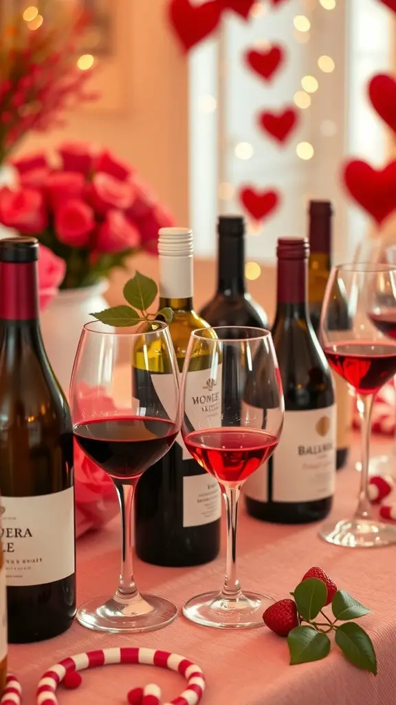 A beautifully arranged wine tasting station with various bottles of wine, glasses, and decorative elements for a Galentine's party.