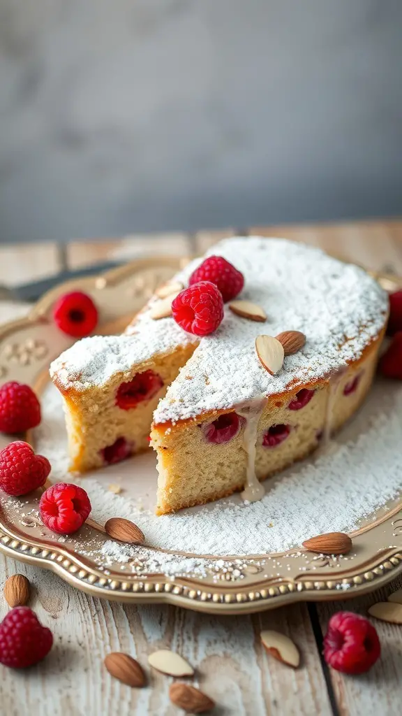 A raspberry almond cake with a slice cut out, garnished with raspberries and almond slices.