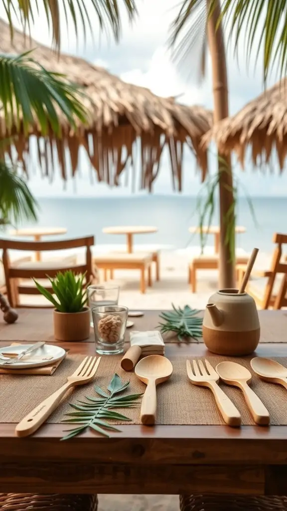 A beautifully set table with bamboo utensils and accessories, surrounded by tropical plants and a beach view.