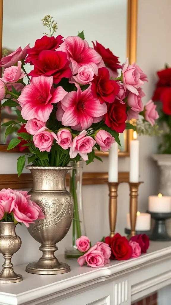 A beautiful floral mantel display with red and pink flowers in elegant vases, complemented by candles.