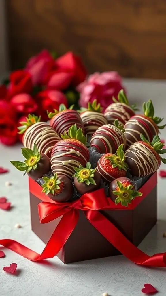 27+ Creative Sweet Box Ideas for Valentine's Day 5 A box of chocolate-covered strawberries with red roses in the background