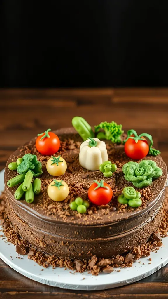 A beautifully decorated Vegetable Patch Cake with edible decorations resembling vegetables.