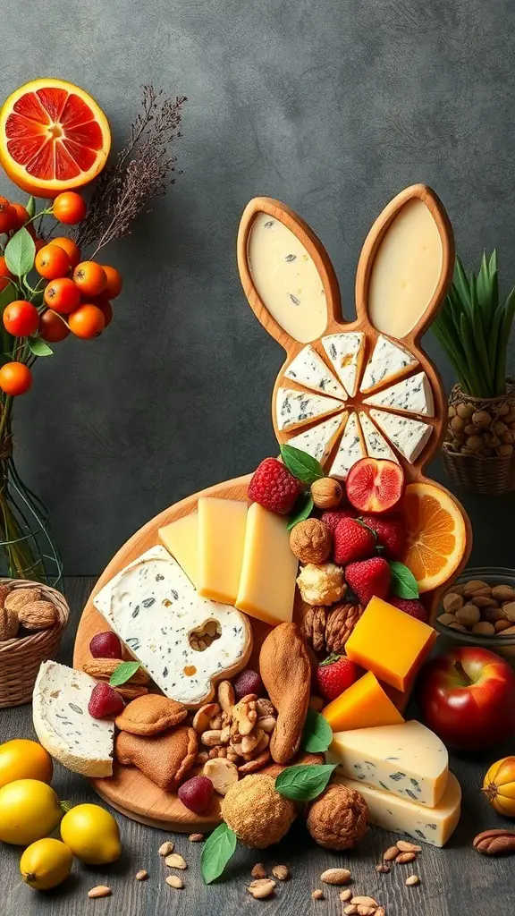 A creatively arranged cheese board shaped like a bunny, featuring various cheeses, fruits, nuts, and cookies.
