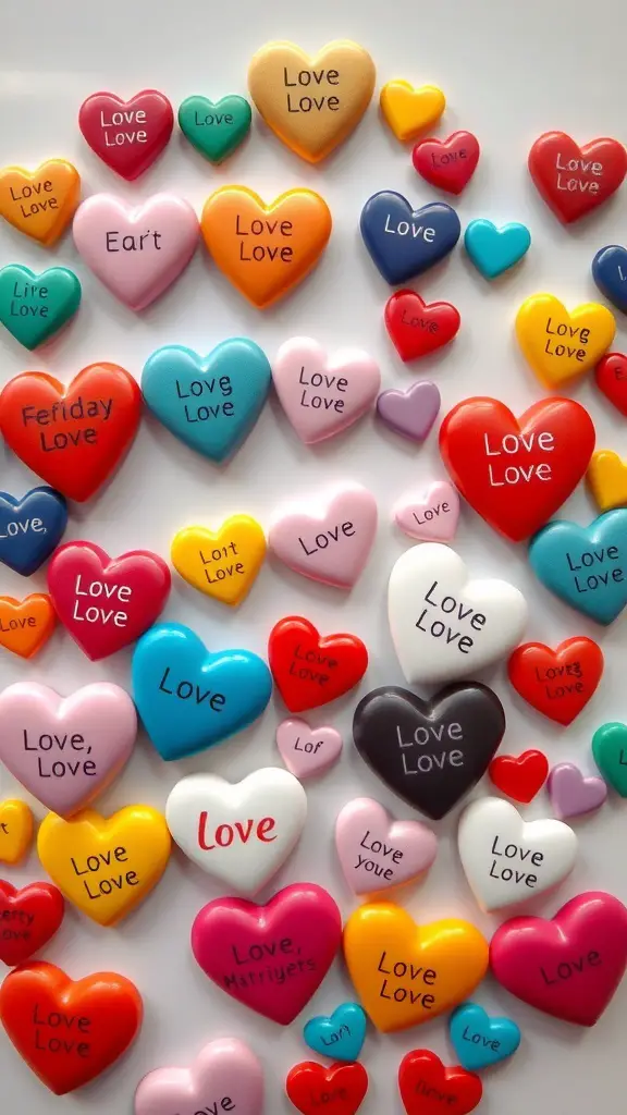 Colorful heart-shaped refrigerator magnets with messages of love.