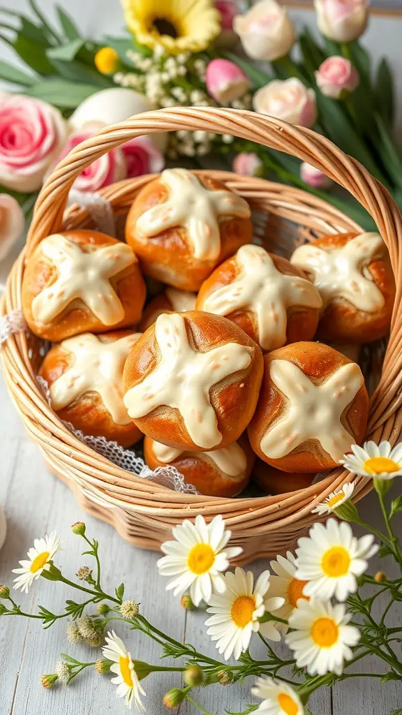 A basket of hot cross buns with flowers in the background