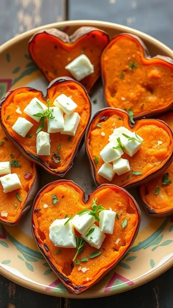 Heart-shaped sweet potato rounds topped with feta cheese on a colorful plate