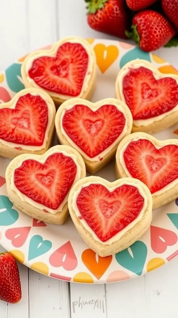 A plate of heart-shaped strawberry sandwiches with fresh strawberries on the side.