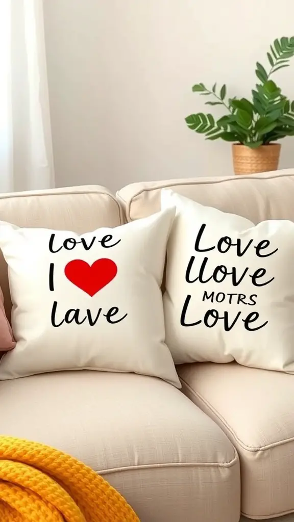 27+ Creative DIY Valentine’s Day Decor Ideas You’ll Love 12 Two customized love pillows with playful text designs on a couch.