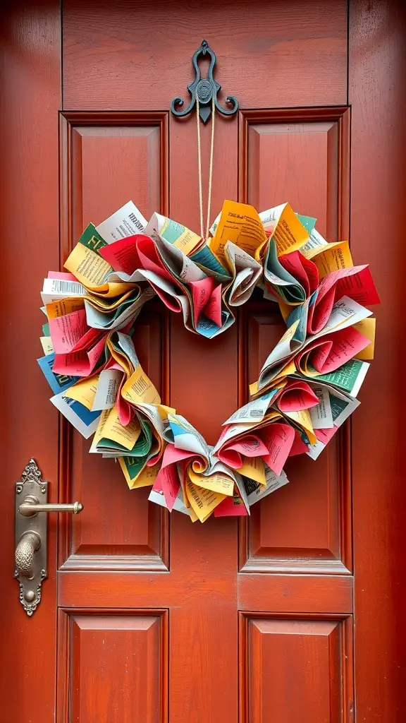 29+ Creative Upcycled Valentine’s Day Decorations to Make This Year 8 A heart-shaped wreath made from colorful magazine pages hanging on a wooden door.
