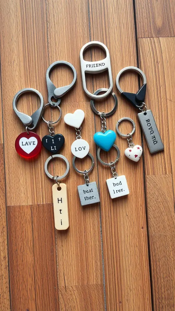 A collection of handmade friendship keychains with various colors and messages.