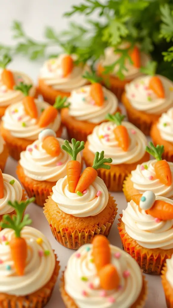 Mini carrot cupcakes with cream frosting and colorful sprinkles