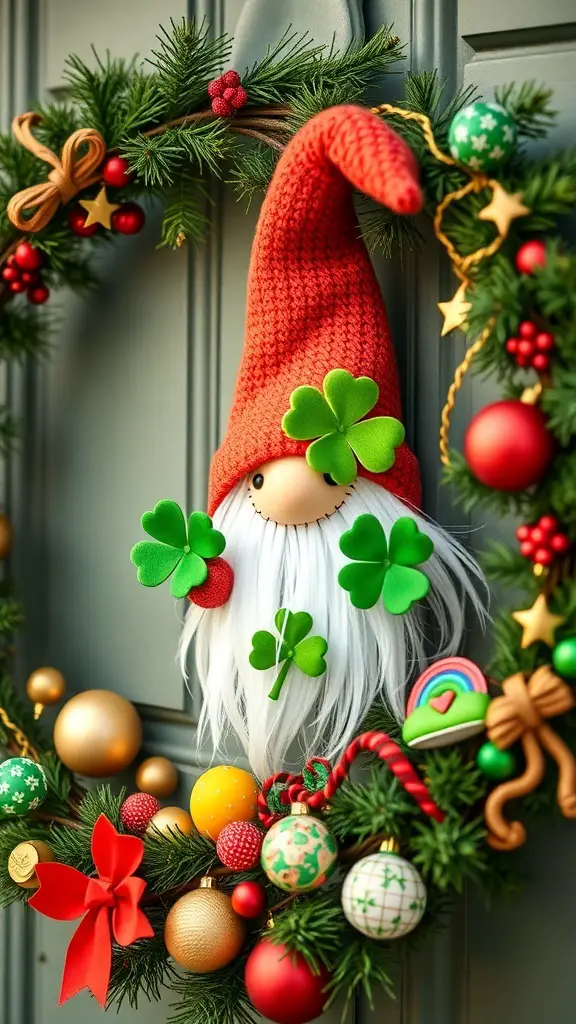 A whimsical gnome wreath featuring a red hat, white beard, and green shamrocks, surrounded by colorful ornaments.