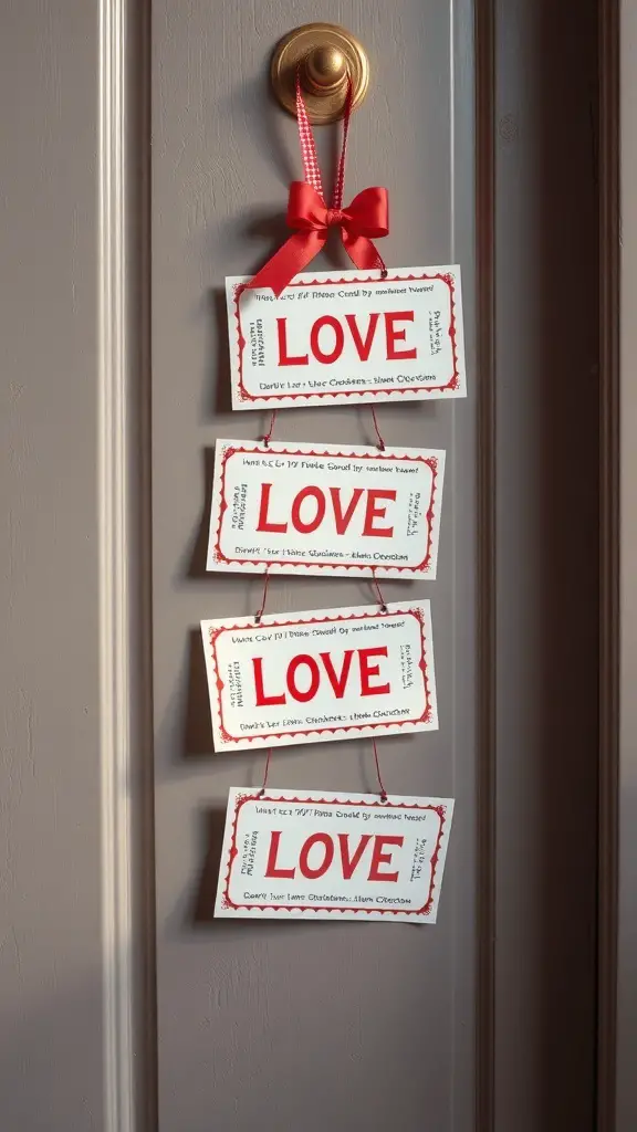 A door hanger displaying love coupons with bold red lettering.