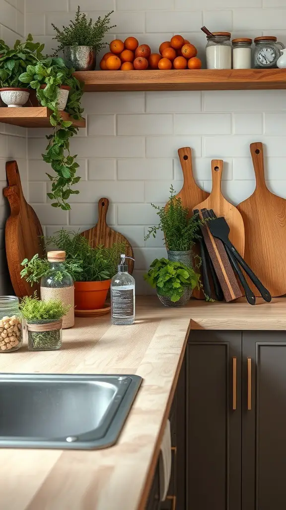 29+ Stunning Kitchen Countertop Decor Ideas 3 A kitchen with rustic wood accents, featuring cutting boards, herbs, and oranges on display.