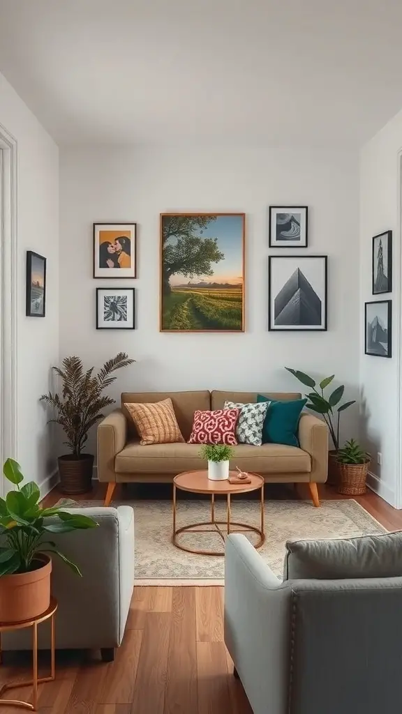 Cozy living room with a gallery wall of framed art and plants