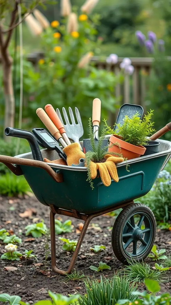 29+ Creative Wheelbarrow Garden Ideas 13 A wheelbarrow filled with gardening tools and gloves, set in a garden.