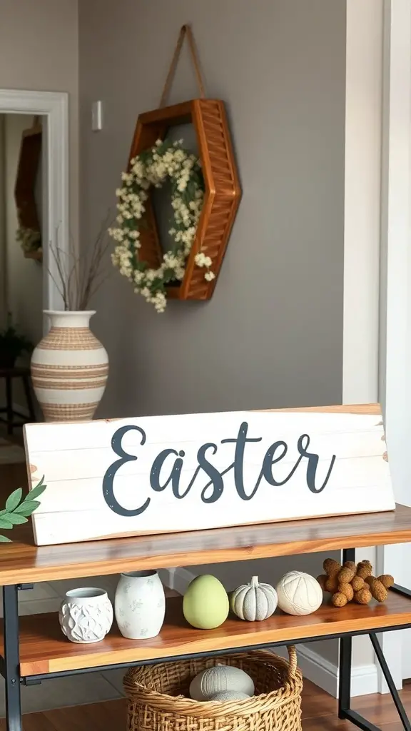 A wooden sign that says 'Easter' displayed on an entryway table with decorative items.