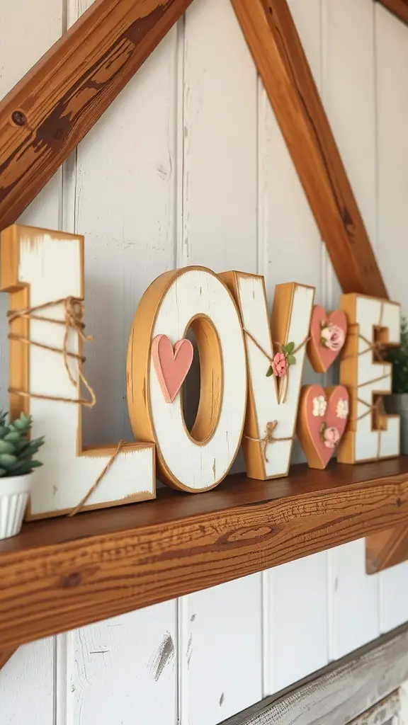 Wooden letters spelling 'LOVE' on a shelf with a pink rose and greenery