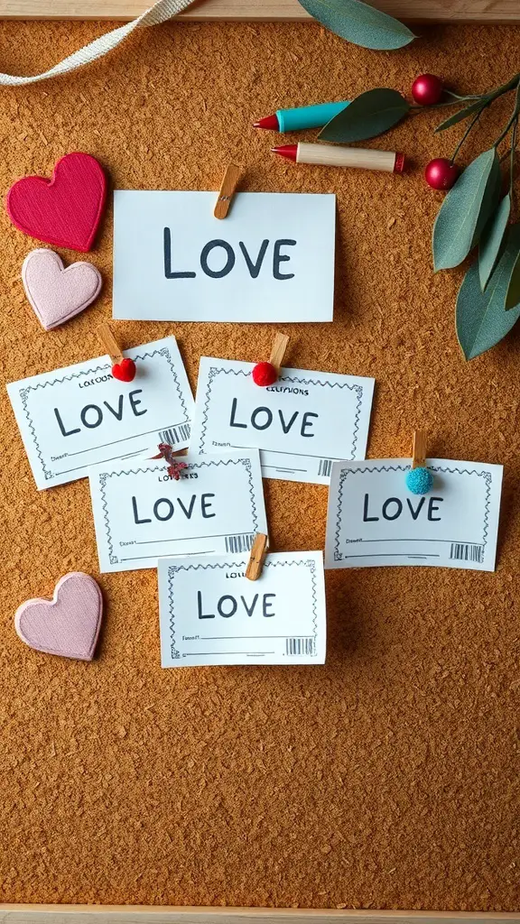 A corkboard displaying love coupons with hearts and colorful pens.