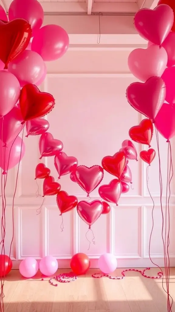 A decorative arrangement of heart-shaped balloons in red and pink colors, forming a garland.