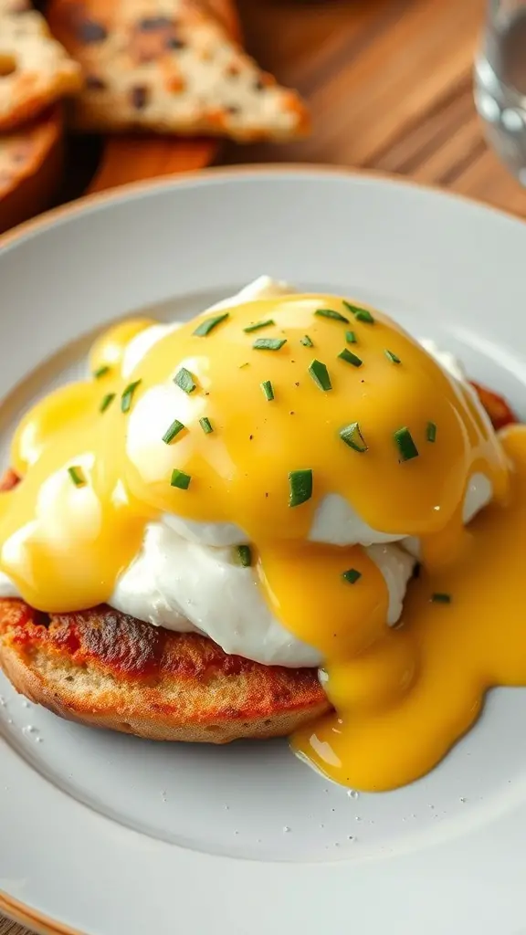A plate of Eggs Benedict with hollandaise sauce, garnished with chives.