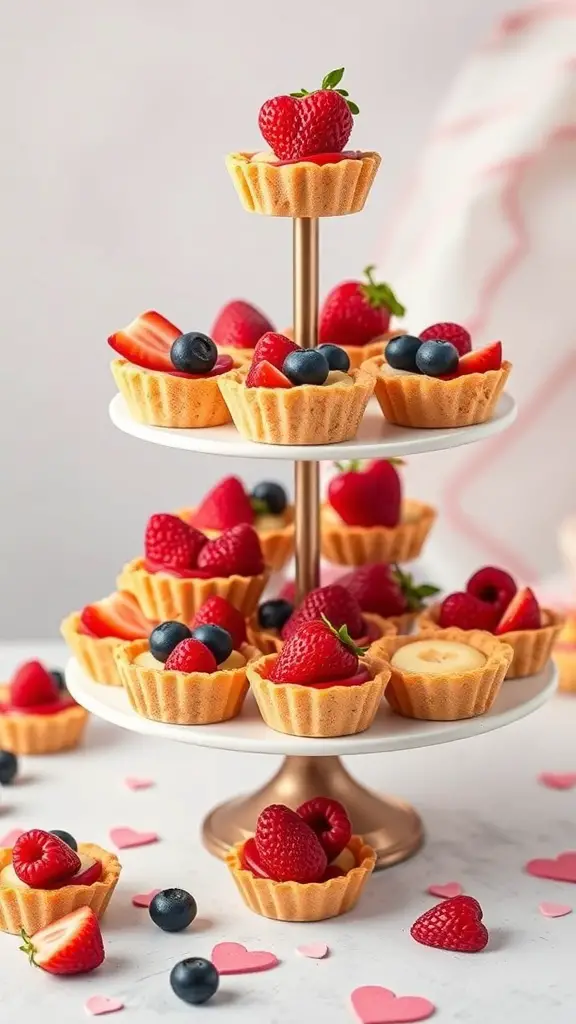 A tiered stand filled with mini fruit tarts topped with strawberries, blueberries, and raspberries.