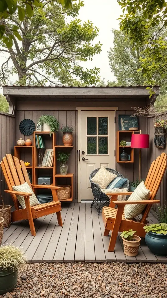 A cozy she shed with wooden chairs, shelves, and plants.