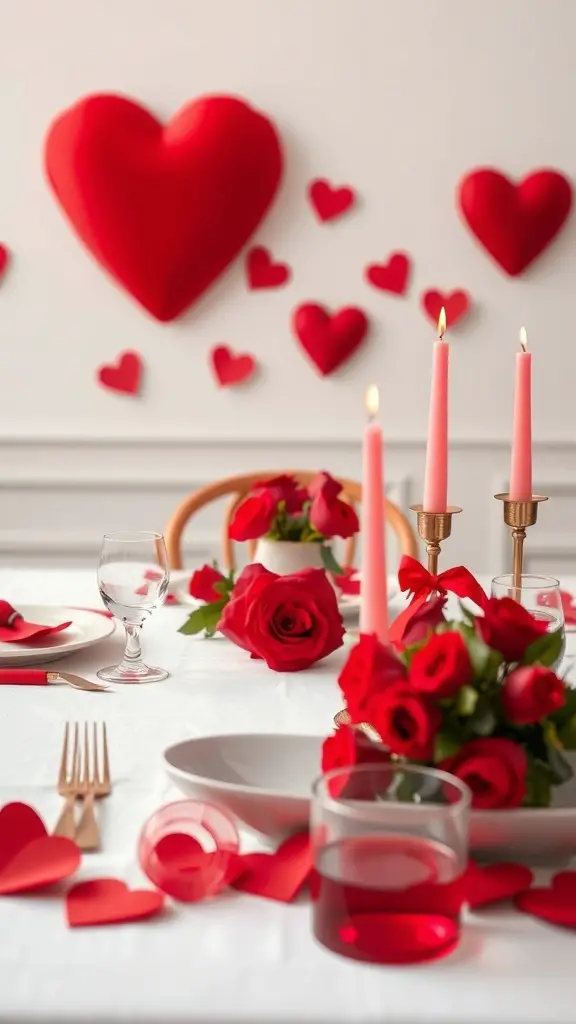 A romantic red and white table setting with roses, candles, and heart decorations.